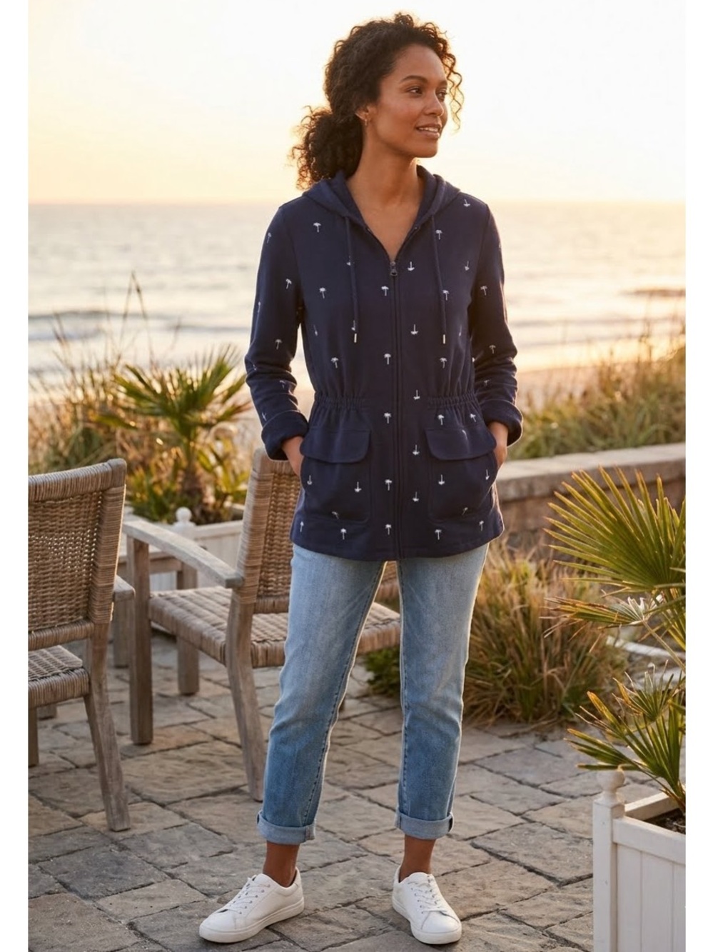 Talbots French Terry Hooded Zip Front Palm Print Blue/White Jacket SZ S Coastal